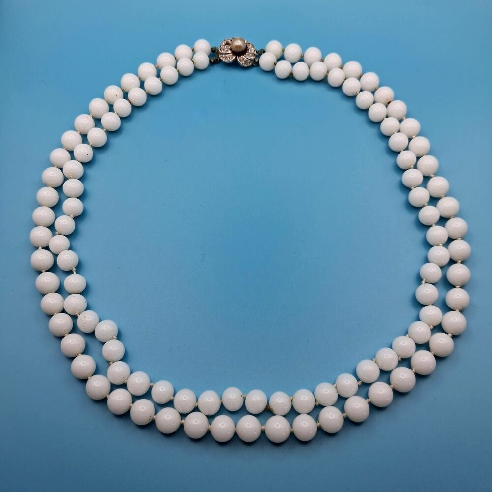 Vintage Milk Glass Beaded Necklace Double Strand MCM Silver Filigree Slide Clasp